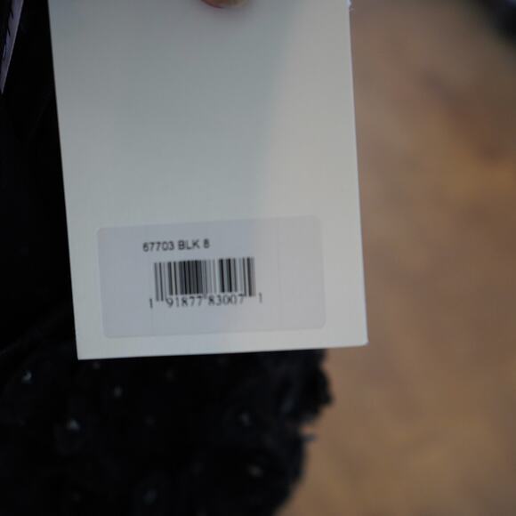 MAC DUGGAL Black 3D Floral Applique Beaded Sheer Lace Long Sleeve Midi Dress 8 - Picture 7 of 9